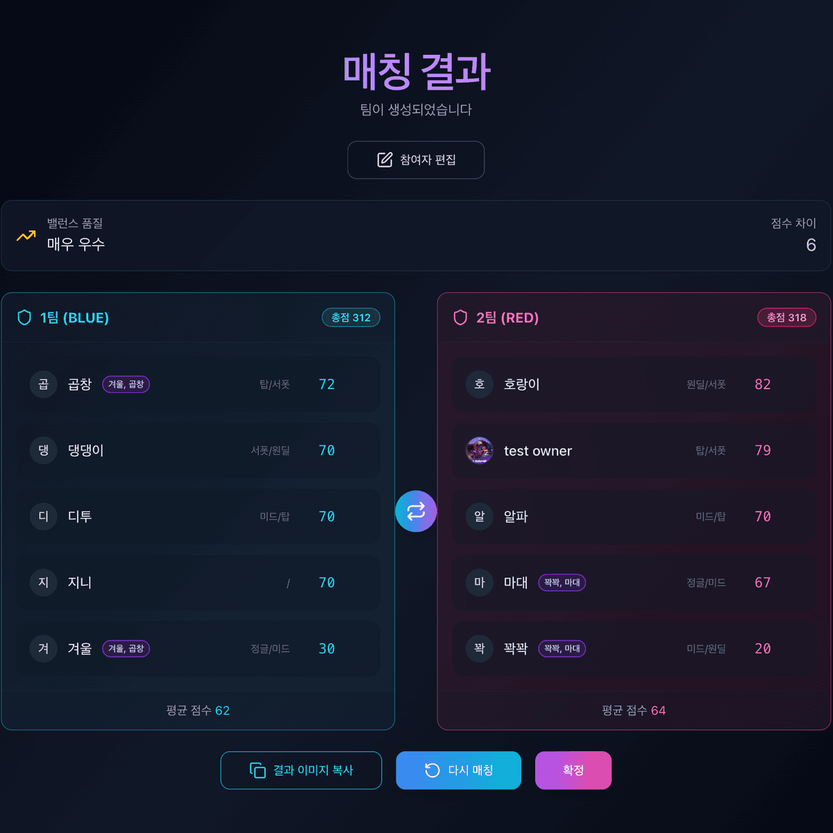 BalanceMatch 팀 매칭 인터페이스 - 균형잡힌 팀 구성